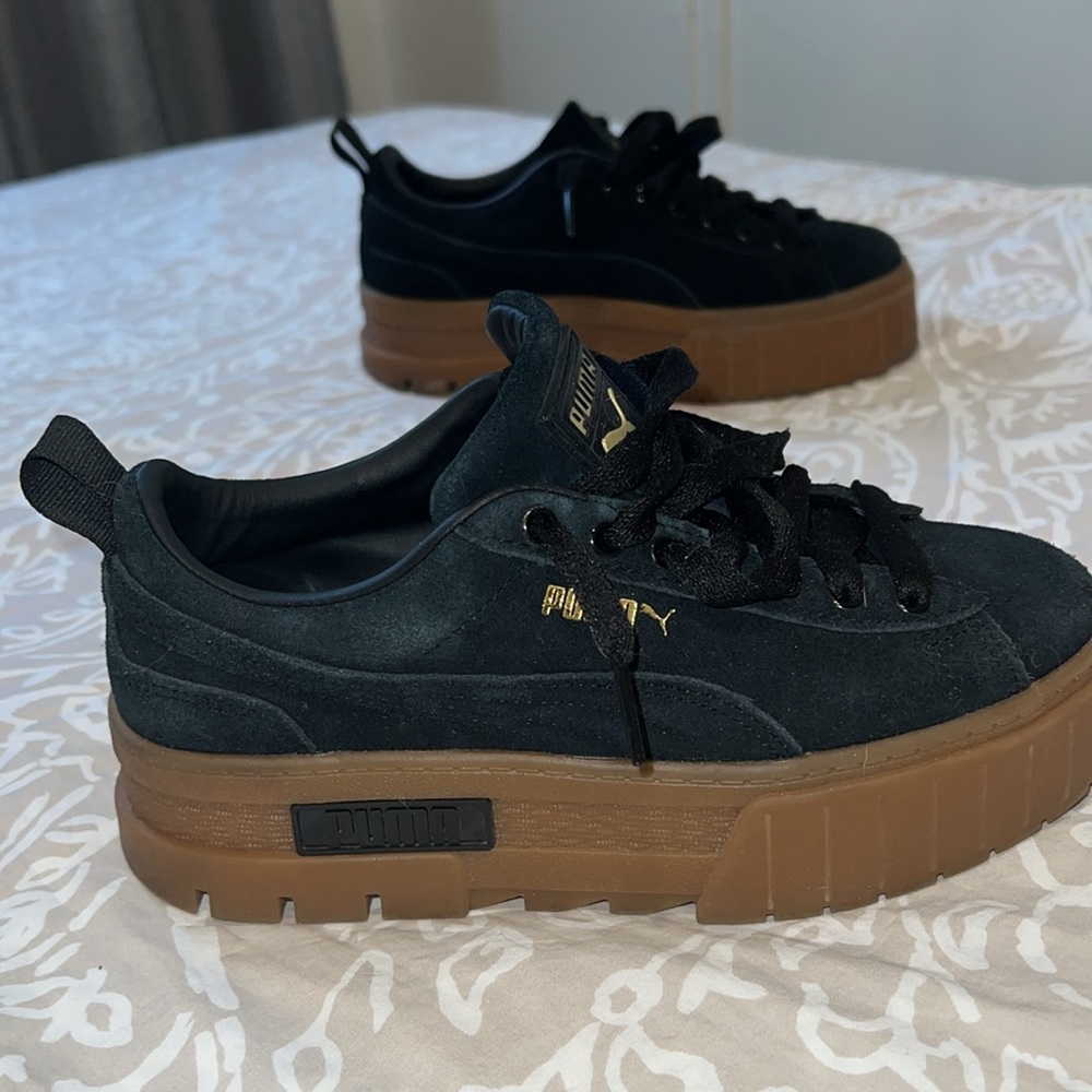Puma Mayze Chunky Platform Sneakers in Black Suede Gum Sole